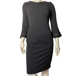 Calvin Klein Size 10 Black Mid Length Dress Long Bell Sleeve Crochet Trim Sheath